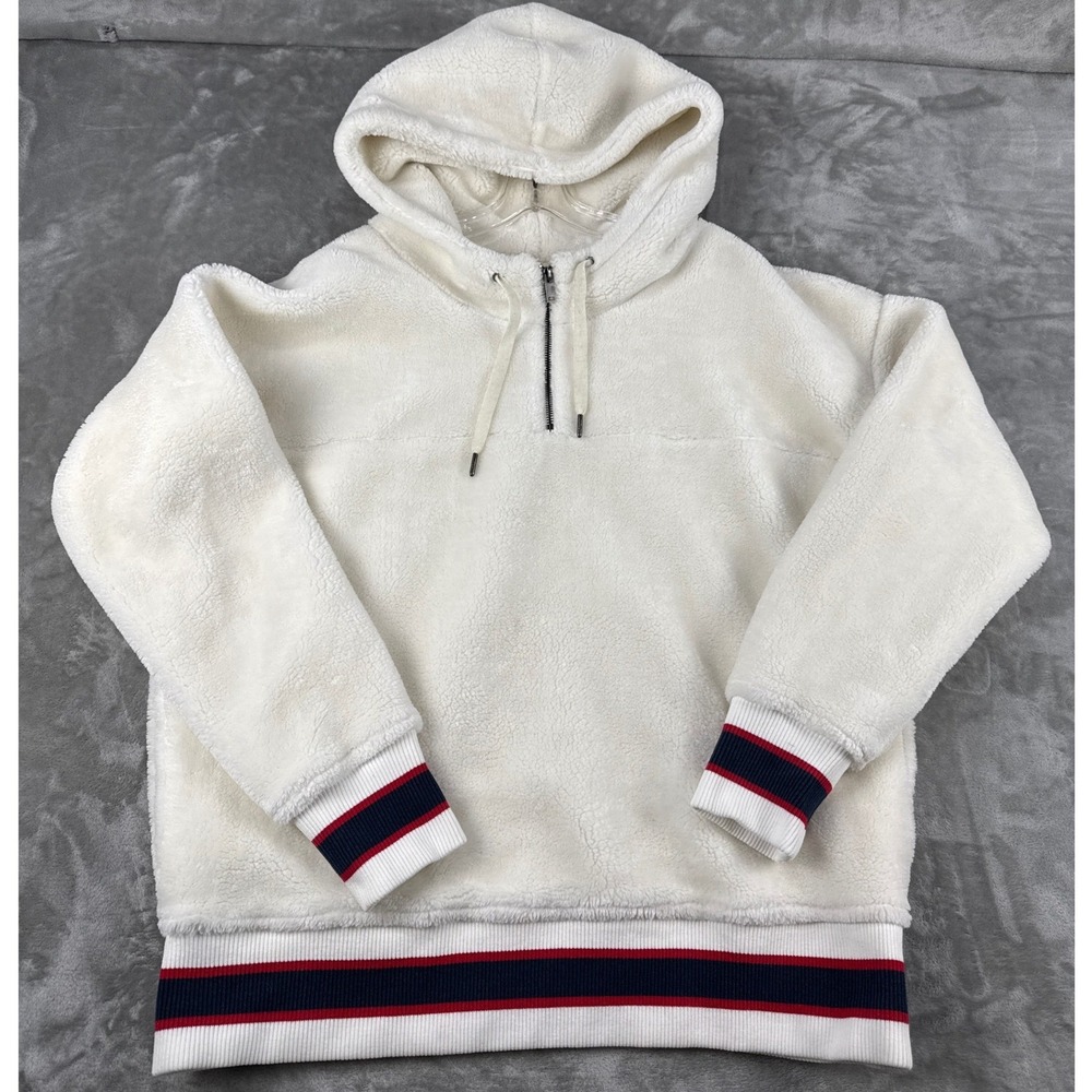 UGG‎ Womens Cream Faux Fur Sherpa Quarter Zip Hoodie Striped Trim Large 1095904
